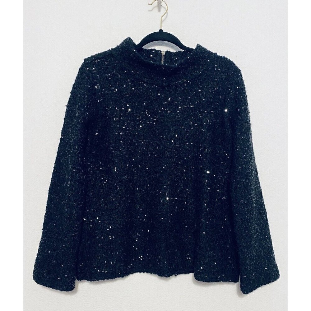 Soft Surroundings Womens Sedona Sequin Sweater Mock Neck Black Petite Medium